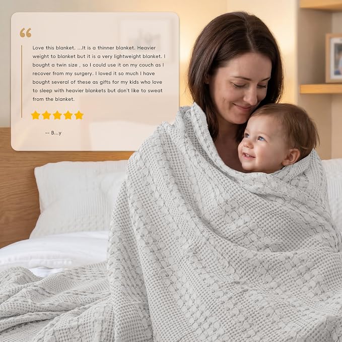 PHF Lightweight 100% Cotton Waffle Blanket for Bed, Queen, Light Grey | Pre-Washed Soft Cotton Comfort, Breathable Layering Warmth for Fall & Winter, Bed, Sofa, Couch, Home Decor & Gifts