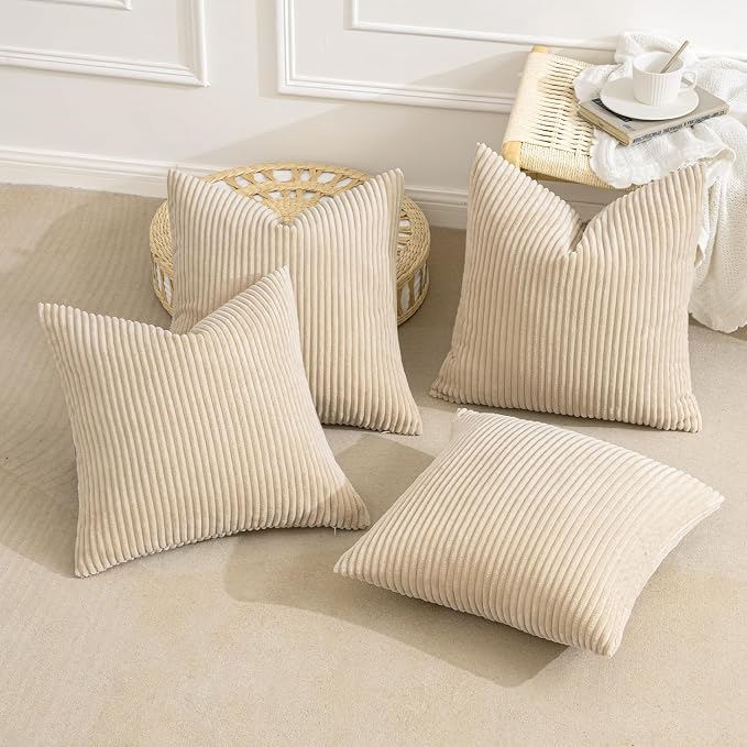 MIULEE Soft Corduroy Decorative Throw Pillow Covers Beige 18x18 | Set of 4, Mordern Nordic Home Decor, All Same Color Set, Boho Farmhouse Cushion Covers for Couch Bed Sofa Living Room