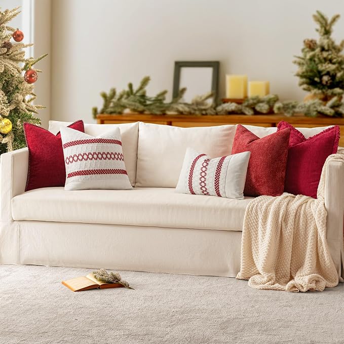 MIULEE Decorative Couch Throw Pillow Covers 20x20 Inch Red 2 Pack | Summer Farmhouse Pillow Covers with Stitched Edge, Soft Chenille Cushion Cases, for Sofa Bed Living Room Home Decor