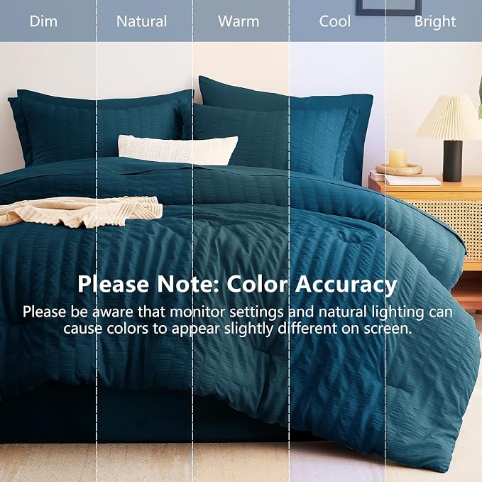 Full Size Comforter Set 7 Pieces Lyons Blue Seersucker Bed in a Bag | OEKO-TEX Certified, All Season Bedding Set with 240 GSM Down Alternative Comforter, Flat & Fitted Sheets, Pillowcases & Shams