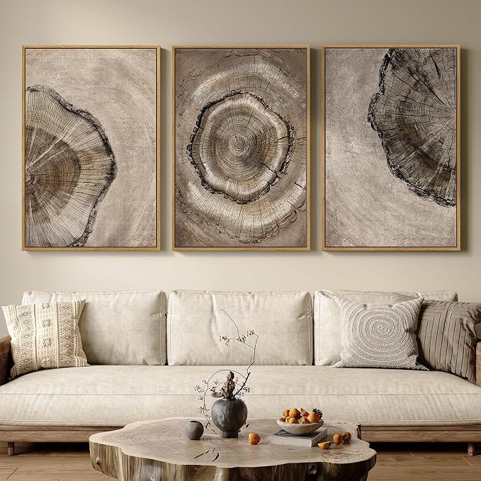 Large Framed Vintage Neutral Tree Ring Wall Art for Living Room, 24x36 In | Modern, Minimalist, Rustic, Nature, Wood grain pictures, Bedroom decor, Hallway art, Office, Ready to hang, Wood frame