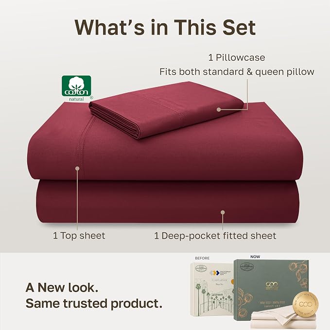 California Design Den Luxury 600 Thread Count Twin Sheets, 3 Pcs Set | 100% Cotton Sateen Backed by Good Housekeeping Seal, Soft & Smooth, All-Around Elastic, Durable, Easy Care - Brick Red
