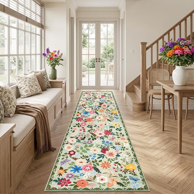 PLHXFR 2.6x14 Washable Runner Rug：Floral Indoor Kitchen Soft Carpet Green | For Hallway Bedroom Kitchen Laundry Bathroom Dorm,Vintage Floral,Machine washable,Non Slip,Stain Resistant,Indoor Floor