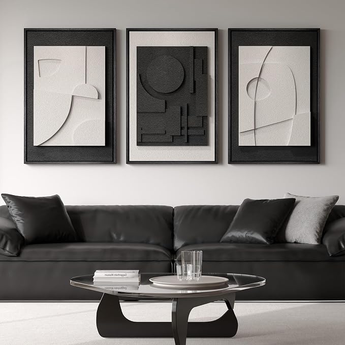 Large Framed Black and White Modern 3D Abstract Wall Art Set | Solid wood frame, Textured paintings, 3 piece 20x30 big artwork for walls, Pictures wall decor for living room bedroom office