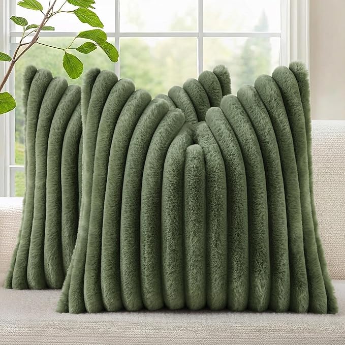 decorUhome Fall Faux Fur Throw Pillow Covers 26x26 Set of 2 Olive Green | Decorative Soft Cozy Striped Plush Modern Farmhouse Boho Couch Pillow Cases Velvet Back for Sofa Bed Living Room Home Decor