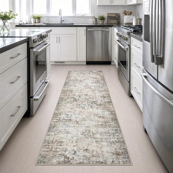 2.6x10 Washable Runner Rug:Modern Abstract Indoor Soft Carpet Brown | For Hallway, Bedroom, Kitchen, Laundry, Bathroom,Door Mat,Modern Abstract,Machine washable,Non-Slip,Stain Resistant,Indoor