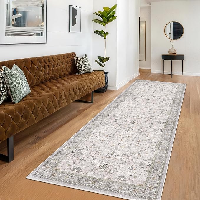 Washable Neutral Kitchen Rug - Modern Boho 3x12 Extra Long Runners for Hallways, Washable Light Gray & Sage Low Pile Entryway Indoor Rug, Non-Slip Stain Resistant Low Pile Throw Carpet