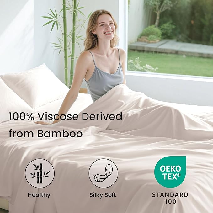 Love's cabin 4 Piece Full Size Sheet Set, 100% Rayon Derived from Bamboo, Cooling & Breathable, Soft Silky Deep Pocket up to 16", Hotel Luxury Bedding for Hot Sleepers, Sand