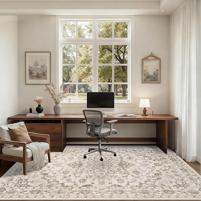 8x10 Area Rugs Living Room: Washable Rug for Bedroom Brown Beige | Boho No Slip Stain Resistant Rug Soft Indoor Decor Floor Floral Area Rugs for Dining Room, Nursery, Hallway, Home Office