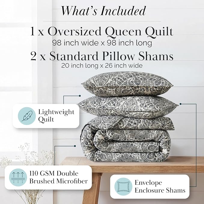 Southshore Fine Living, Inc. Ashanti Collection Oversized Quilt Queen Bedding Set Lightweight, Soft Coverlet Bedspread 3-Piece with Two Matching Shams (98 in Wide x 98 in Long), Full/Queen, Grey