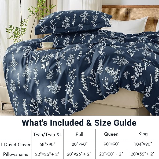MUXHOMO Duvet Cover King Size, Reversible Floral Navy Duvet Cover Set with Zipper Closure, 3 Pieces Botanical Patterns Soft Microfiber Bedding Set (90"x104", 2 Pillow Cases 20"×36")