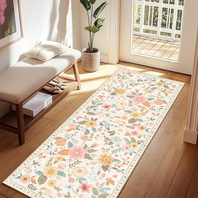 Floral Washable 2x6 Area Rugs Runner Entryway Hallway Beige/White/Orange | Flower Carpet, Print, Boho, Non-Slip, Easy to Clean, Low Pile, Soft, for Living Room Bedroom Kitchen Office Entrance