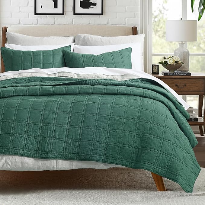 HORIMOTE HOME 100% Cotton Quilt Set King Size, Dark Green Pre-Washed Bedspreads Coverlet Set in Geometric Pattern, Cozy Lightweight Stitching Decorative Bedding Cover with 2 Shams for All Season