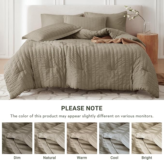 7 Pieces King Comforter Set, Seersucker Bed in a Bag King Size, All Season Luxury Bedding Set with Comforter, Flat Sheet, Fitted Sheet, Pillowcases & Shams, Linen