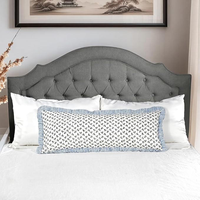 Ridhi Block Print Baby Blossams Ruffle Lumbar Pillow Shams, 36" x 14" Set-1 | 100% cotton, Floral Pillowcase, Cushion Cover, Hidden Zipper, Cottagecore Bedding, farmhouse boho style, fits couch, sofa,Bed