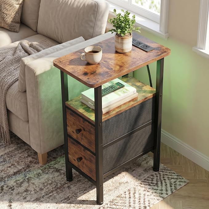 LOAKEKEL Narrow End Table with Charging Station, Small Nightstand | Skinny Side Tables Living Room with 2 Fabric Drawers, Bedside Table with LED Lights for Bedroom, Small Spaces, Rustic Brown