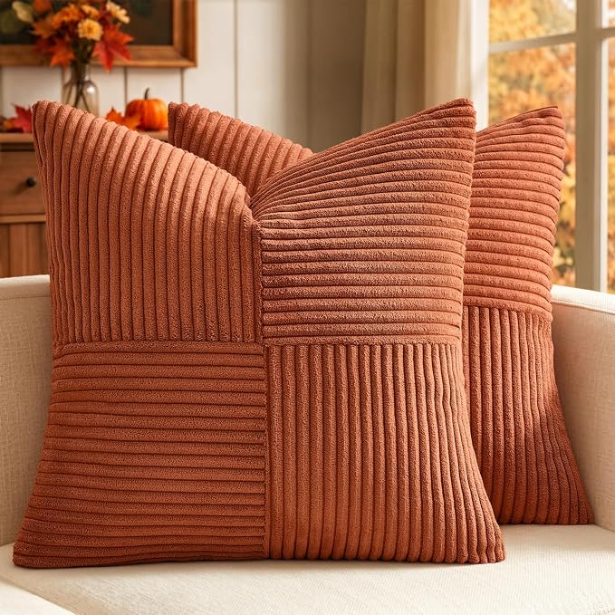 MIULEE Fall Burnt Orange Decorative Throw Pillow Covers for Couch 16x16 in | 2 Pack, Boho Farmhouse Pillow Covers, Soft Cross Corduroy Patchwork Textured Cushion Cases For Bed Sofa
