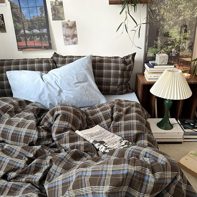 mixinni Vintage Brown & Blue Buffalo Plaid Duvet Cover Set Twin XL Size - 3 Piece Washed Cotton Bedding Set with Grid Pattern, Soft & Breathable Duvet Cover with Pillowcases for Boys, Men& Women