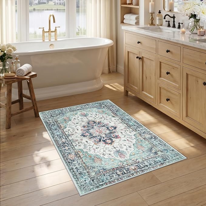 RELEANY Washable Area Rug, Small 2'6"x4', Teal Green/White/Navy | Non-Slip, Water Repellent, Pet Friendly, Easy to Clean, Vintage Floral Boho Decor for Kitchen Entryway Bathroom