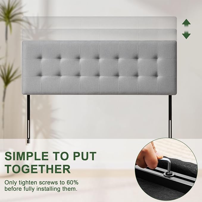 Linen Stitched Tufted King Headboard, Adjustable Height 37.2-42.3 in, Gray | Wood Twin Headboard Only, Padded Support for Reading, Relaxing or Working in Bed, Stable Non-Slip Design, Fits Bed Frame