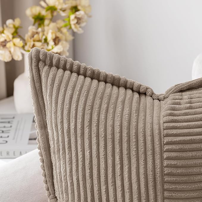 MIULEE Decorative Throw Pillow Covers for Couch 20x20 Inch Light Brown | 2 Pack, Boho Broadside Striped Patchwork Pillow Covers, Soft Corduroy Cushion Cases, For Sofa Bed Livingroom Home Decor