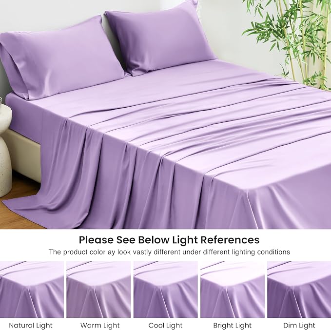 Love's cabin 4 Piece King Size Sheet Set, 100% Rayon Derived from Bamboo, Cooling & Breathable, Soft Silky Deep Pocket up to 16", Hotel Luxury Bedding for Hot Sleepers, Lavender
