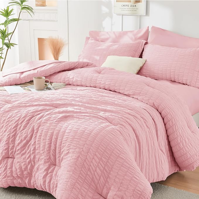 HYMOKEGE Pink Oversized King Comforter Set Seersucker 7 Pieces, All Season Luxury Bed in a Bag for Bedroom, Bedding Set with Comforter, Sheets, Pillowcases & Shams