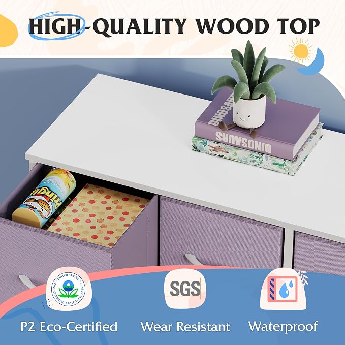 WLIVE Wide Dresser for Bedroom, 8 Drawer Chest of Drawers, Purple | 8 roomy fabric drawers, Wide storage design, Bedroom or closet use, Sturdy steel frame, Smooth wood tabletop