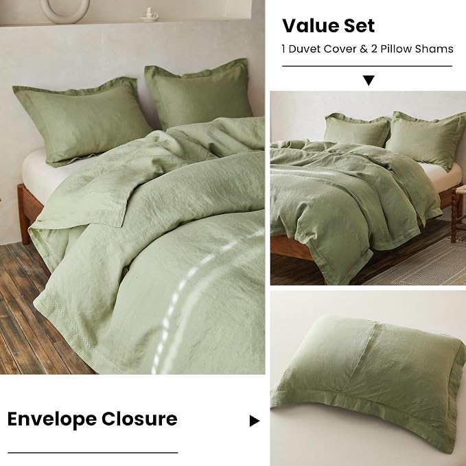 Simple&Opulence 100% Linen Duvet Cover Set with Crossed Embroidery Washed - 3 Pieces (1 Duvet Cover with 2 Pillow Shams) Soft Breathable Farmhouse - Sage Green, Queen Size