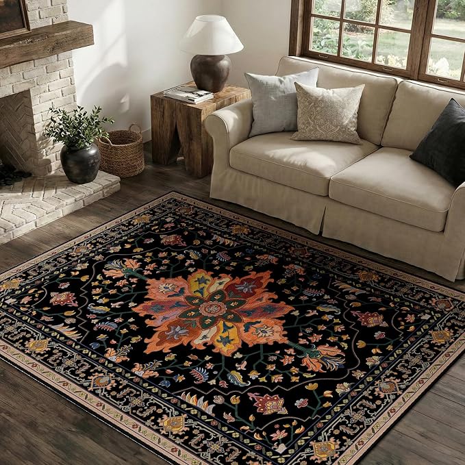 RELEANY Washable Area Rug, 4'x6', Black/Colorful | Non-Slip, Water Repellent, Pet Friendly, Easy to Clean, Vintage Floral Boho Decor for Living Room Bedroom Kitchen Office