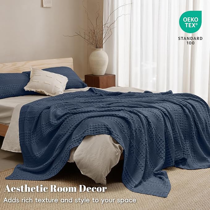 PHF Lightweight 100% Cotton Waffle Blanket for Bed, Twin XL, Indigo | Pre-Washed Soft Cotton Comfort, Breathable Layering Warmth for Fall & Winter, Couch & Guest Room, Couch, Home Decor & Gifts