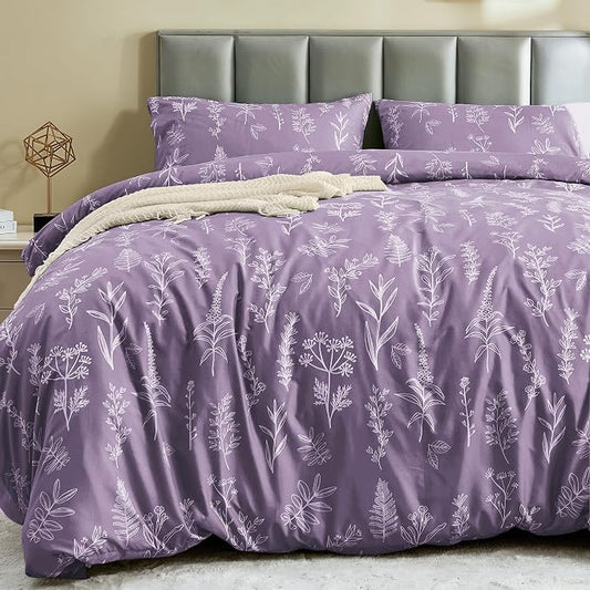 MUXHOMO Duvet Cover Full Size, Reversible Floral Grayish Purple Duvet Cover Set with Zipper Closure, 3 Pieces Botanical Patterns Soft Microfiber Bedding Set with 4 Ties (80"x90", 2 Pillow Cases)