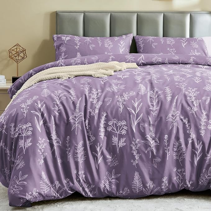 MUXHOMO Duvet Cover Twin/Twin XL Size Set, Reversible Floral Grayish Purple Duvet Cover with Zipper Closure, 2 Pieces Botanical Patterns Soft Bedding Set with 4 Ties (68"x90", 1 Pillow Case)