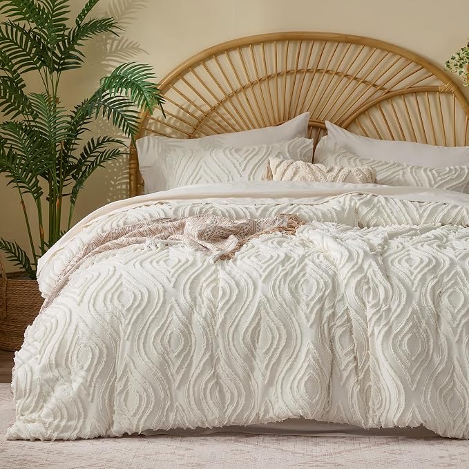 BEDELITE Twin Comforter Set 5 Pieces,Boho Bed in a Bag,Wavy-Cream White | Tufted Bed Set for All Seasons,Soft Farmhouse-Style Embroidery Bedding,Includes Flat & Fitted Sheets,1 Pillowcase & 1 Sham