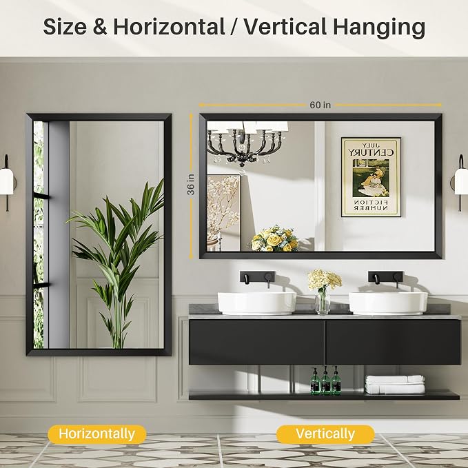 Black Metal Framed Bathroom Wall Mirror, 60x36 Inch | Anti-rust, HD tempered glass, for bathroom vanity, bedroom, living room, horizontal or vertical mount