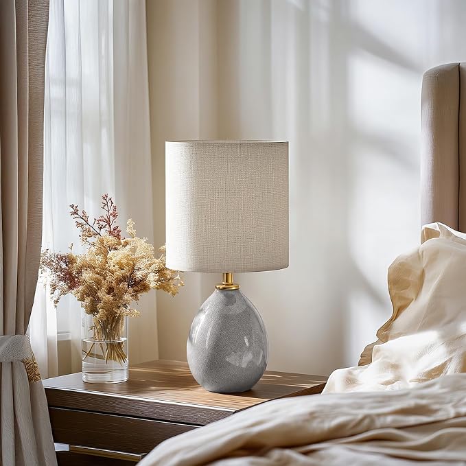 18.5" Ceramic Table Lamps Set of 2 for Living Room Bedroom, Grey | Bedside Lamps for Bedroom Nightstand, Ice Crackle Home Bedroom Living Room Decor, Linen Fabric Shade, 3-Color Temperature