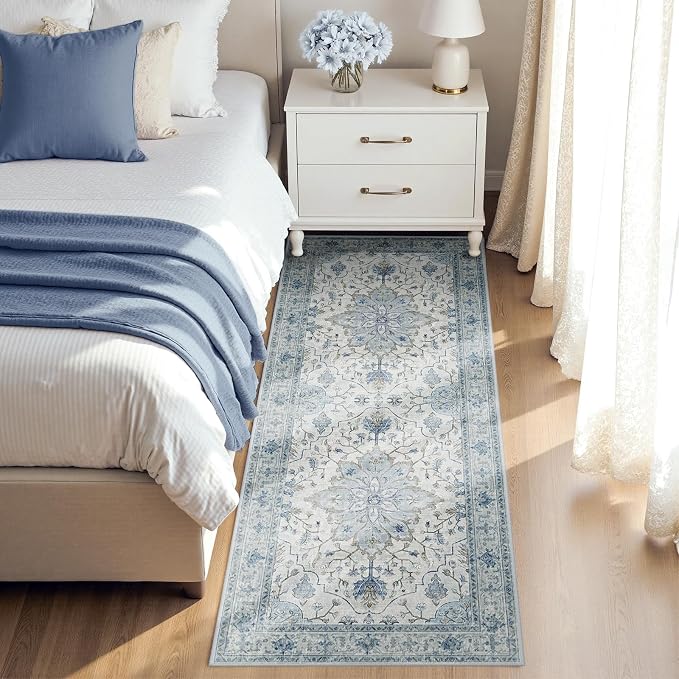 RELEANY Washable Area Rug, Runner 2'x5', Blue/White/Gray | Non-Slip, Water Repellent, Pet Friendly, Easy to Clean, Vintage Floral Boho Decor for Kitchen Entry Bedroom Bedside Laundry