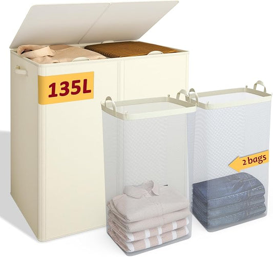 135L Laundry Hamper 2 Section, Large Laundry Hamper with Lid, Dirty Clothes Hamper with 2 Removable Inner Bags, Collapsible Laundry Basket Organizer for for Clothes Toys Towels, Hamper 2 Compartment