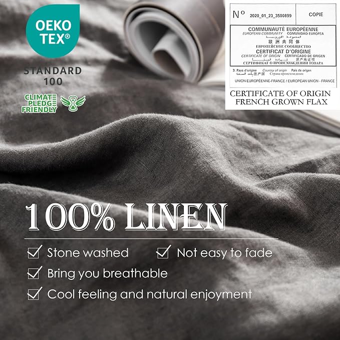 Simple&Opulence 100% Linen Duvet Cover Set 3pcs Basic Style Natural French Washed Flax Solid Color Soft Breathable Farmhouse Bedding with Button Closure - Dark Grey, Full
