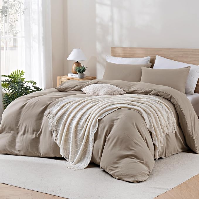 TOCOMOA 100% Muslin Cotton Duvet Cover Set, Taupe, Queen | Linen-Like Texture. Ultra Soft, Breathable, Comfy & Lightweight Fall Bedding Set with Zipper & 8 Ties. 3 Pcs, No Insert