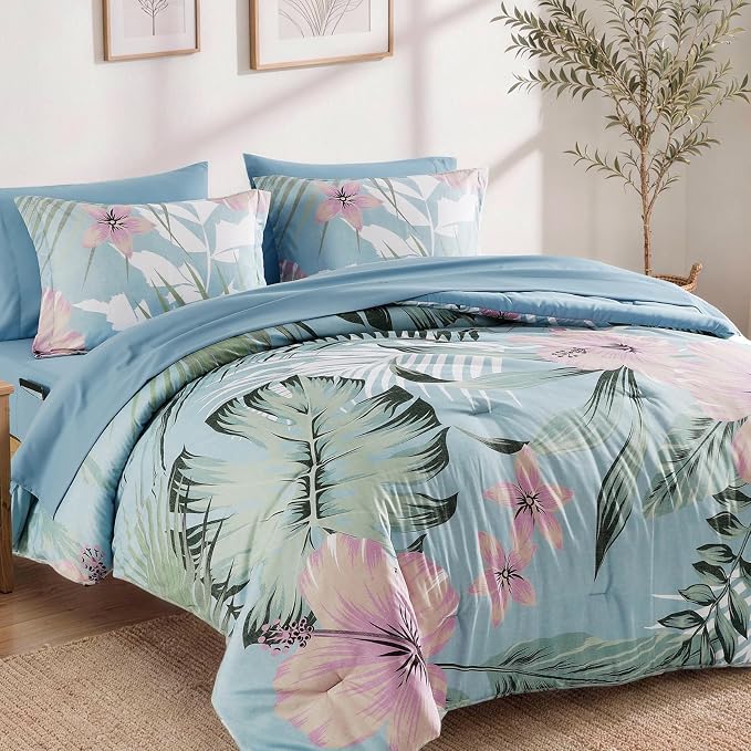 Full Size Comforter Sets - 7 Pieces Floral Bed in a Bag Full Bedding Set | Tropical Palm Leaf Comforter Set with Sheets, Pillowcases & Shams for All Seasons, Blue