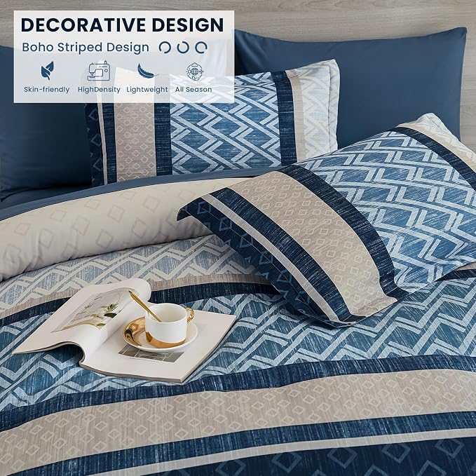 Cottolester California King Comforter Set,Blue Boho Striped Bed in a Bag | Plaid Comforter Set,Soft Microfiber Complete Bedding Set,All Season