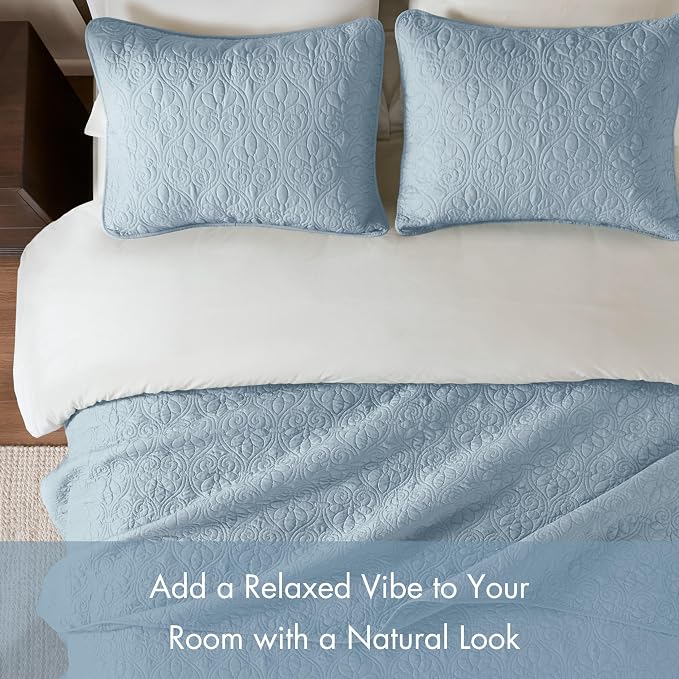 Madison Park Luxurious Cotton Damask Quilt Set, 3PC Full/Queen Bed Set | All Season, Lightweight Stitching Coverlet Bedspread Bedding Stitching with Shams, Blue