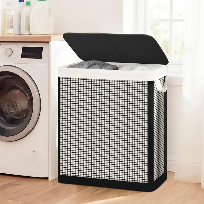 STO STO 2 Section Laundry Hamper with Lid, 140L Steel-Frame Double Laundry Hamper with Removable Washable Liner, Breathable Large Laundry Basket for Bedroom, Bathroom, Laundry Room, Dorm, Closet
