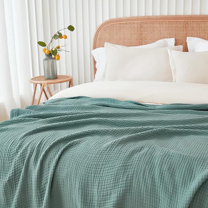 EMME Cotton Muslin King Blanket 4 Layer Ultra Soft Breathable Bed Layering Bedspread Coverlet Breathable Gauze Lightweight (Teal, 108"x90")