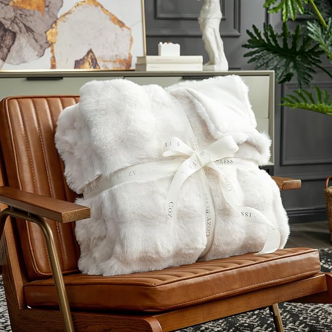 Cozy Bliss Faux Fur Throw Blanket for Bed King Size, Fuzzy Soft Plush Thick Bubble Blanket for Sofa Bedroom Living Room, 108 * 90 Inches Cream White