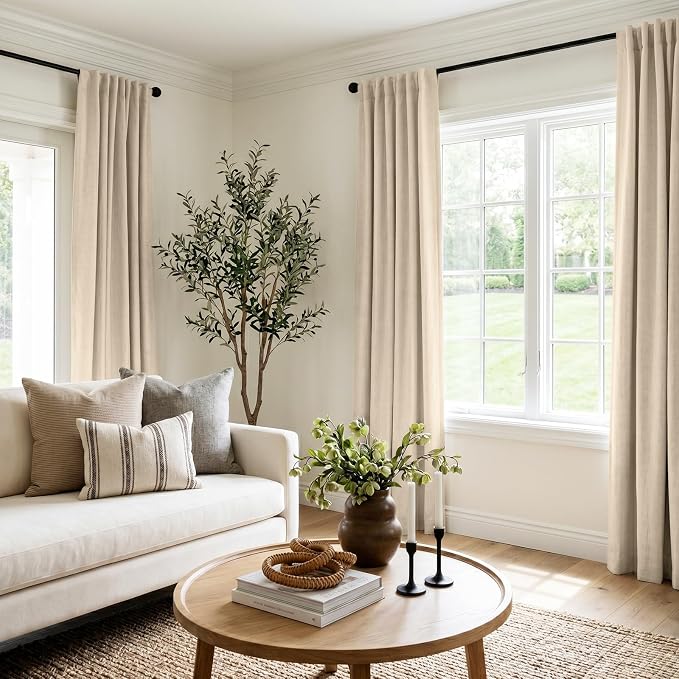 INOVADAY 100% Blackout Linen Curtains for Bedroom 50x90 Inches Natural Flax | Linen Textured, Light Blocking, Room Darkening, Thermal Insulated, Back Tab Top, Window Curtains for Living Room, 2 Panels