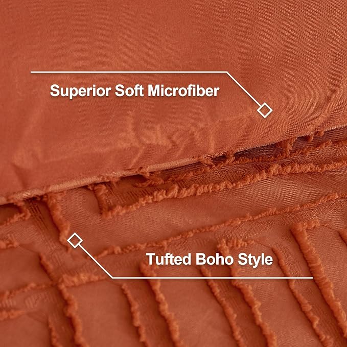 Litanika King Size Comforter Set, 3 Pieces Tufted Boho Bedding Set | Terracotta Farmhouse Shabby Chic Vintage Bohemian Textured Aesthetic Soft Fluffy Lightweight Breathable All Season Bed Set