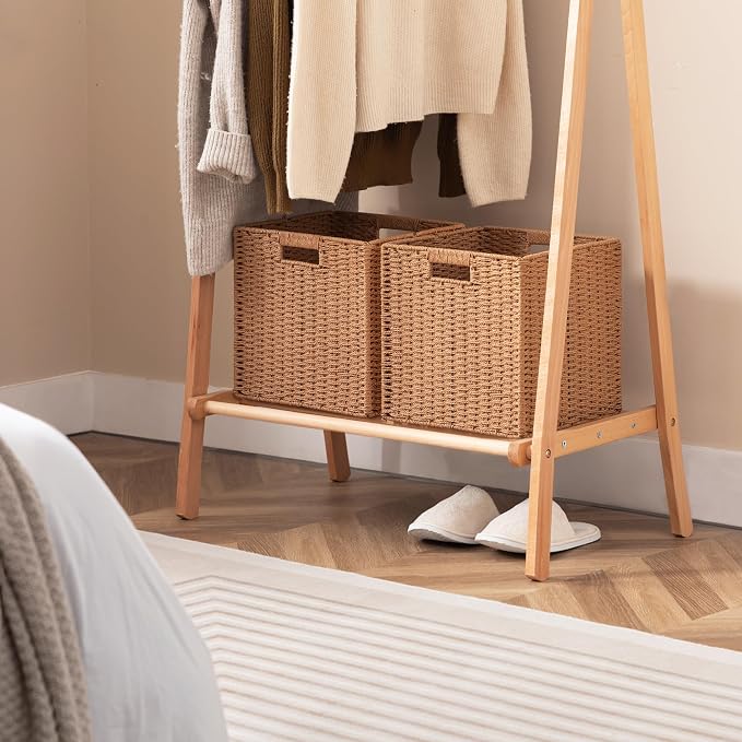 UBBCARE 3 Pack Wicker Basket, 11L×11H×10.5W inch Woven Paper Rope Storage Baskets for Shelves, Foldable Cube Storage bin with Handle, Storage Basket for Organizing & Decor,Caramel