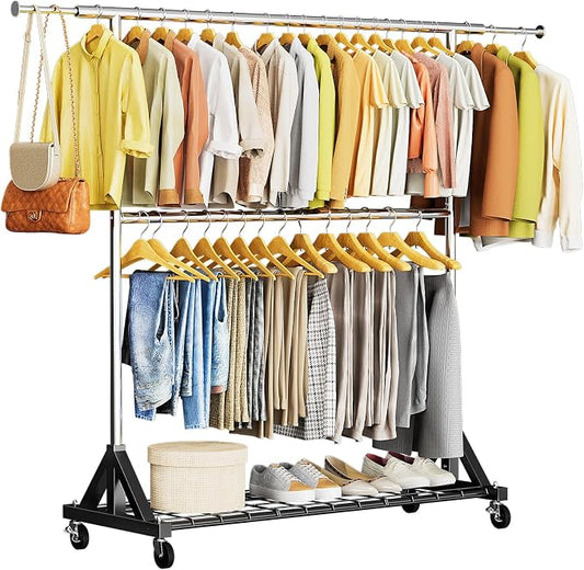Luxspire Heavy Duty Clothes Rack Load 600 LBS, Double Rod Clothing Rack, Rolling Garment Racks with Lockable Wheels, Shelves, Adjustable Laundry Hanging Racks for Clothes